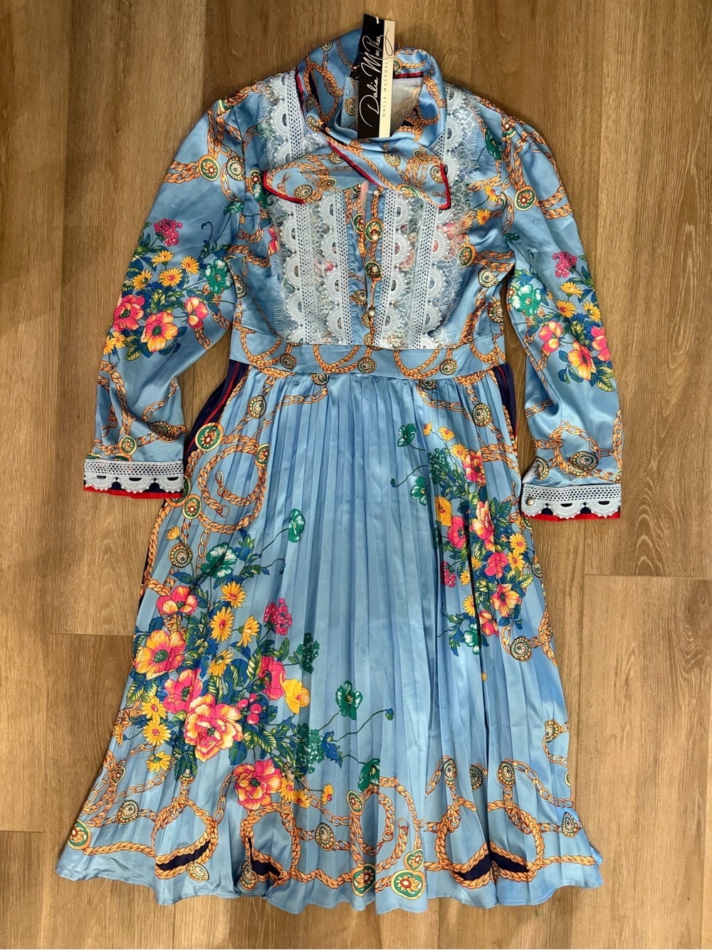 Dalia Macphee Floral Lace-Trim Pleated Midi Dress in Light Blue size medium